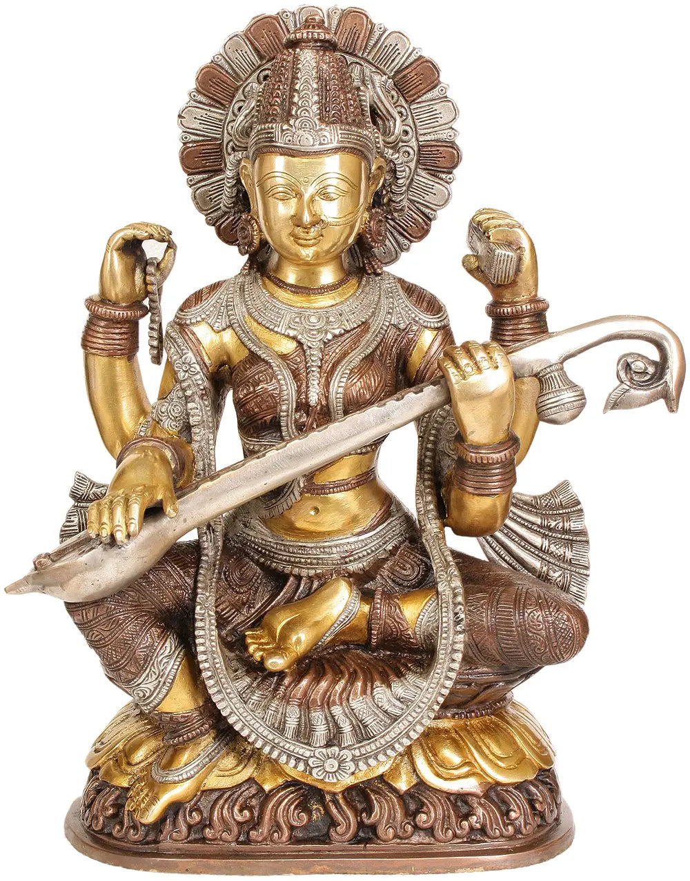 Brassaura® Brass Saraswati Devi Playing Veena | Intricate Dual Tone Finish | Height 16.5 Inches & Weight 11.40 kgs
