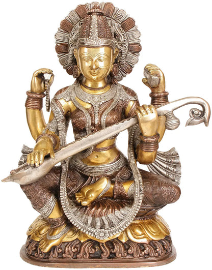 Brassaura® Brass Saraswati Devi Playing Veena | Intricate Dual Tone Finish | Height 16.5 Inches & Weight 11.40 kgs