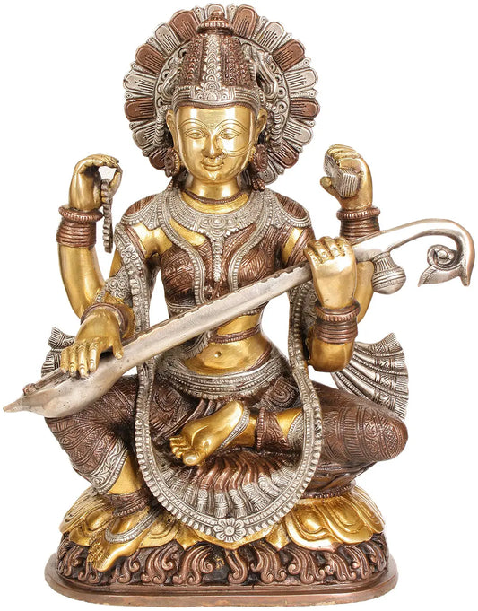 Brassaura® Brass Saraswati Devi Playing Veena | Intricate Dual Tone Finish | Height 16.5 Inches & Weight 11.40 kgs