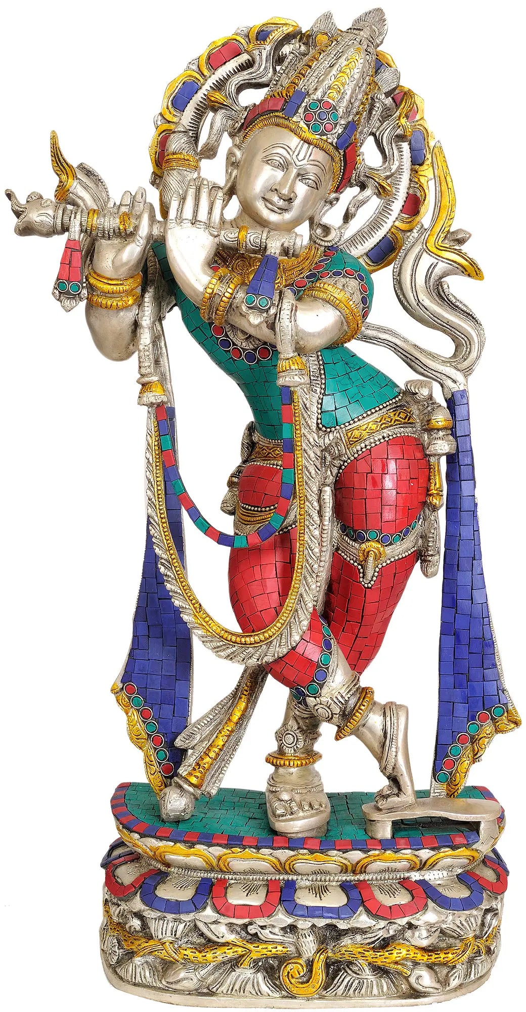 Brassaura® Brass Krishna Statue with Inlay Work | Height 22.44 Inches & Weight 11.80 kg