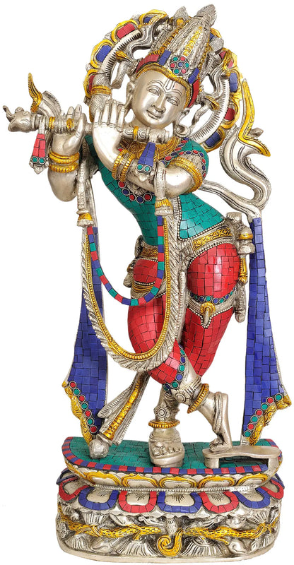 Brassaura® Brass Krishna Statue with Inlay Work | Height 22.44 Inches & Weight 11.80 kg