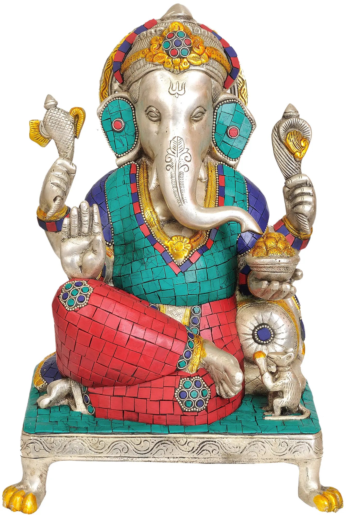 Brassaura™ Brass Sitting Ganesha Idol with Inlay Work for Pooja Room Decor | 13 Inches | 9 kgs