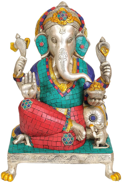 Brassaura™ Brass Sitting Ganesha Idol with Inlay Work for Pooja Room Decor | 13 Inches | 9 kgs