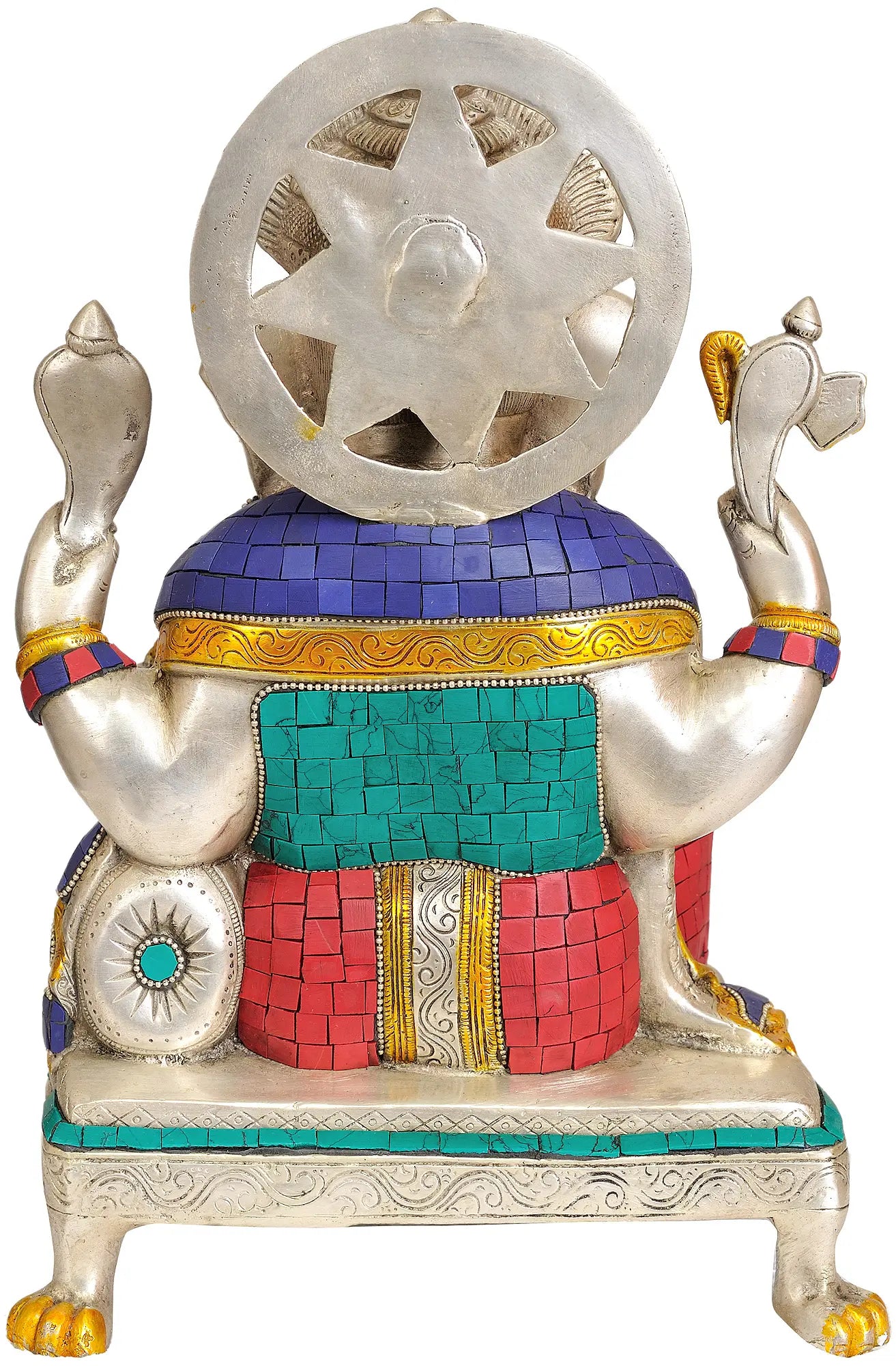Brassaura™ Brass Sitting Ganesha Idol with Inlay Work for Pooja Room Decor | 13 Inches | 9 kgs