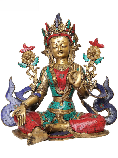 Brassaura® Tibetan White Tara with Stone Inlay | Brass Statue | Height 18.5 Inches & Weight 30.20 kgs