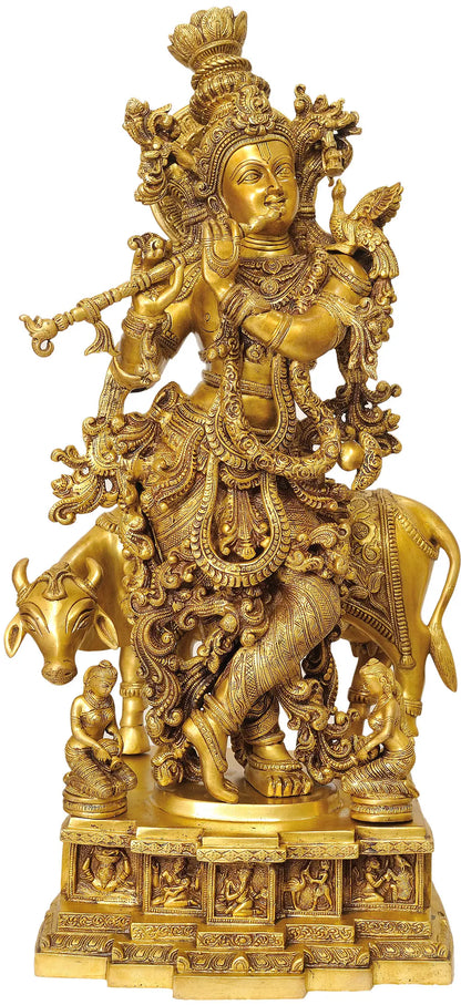Brassaura® Brass Krishna with Nandi Statue | Height 27.95 Inches & Weight 34.40 kg