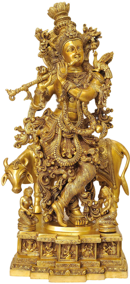 Brassaura® Brass Krishna with Nandi Statue | Height 27.95 Inches & Weight 34.40 kg