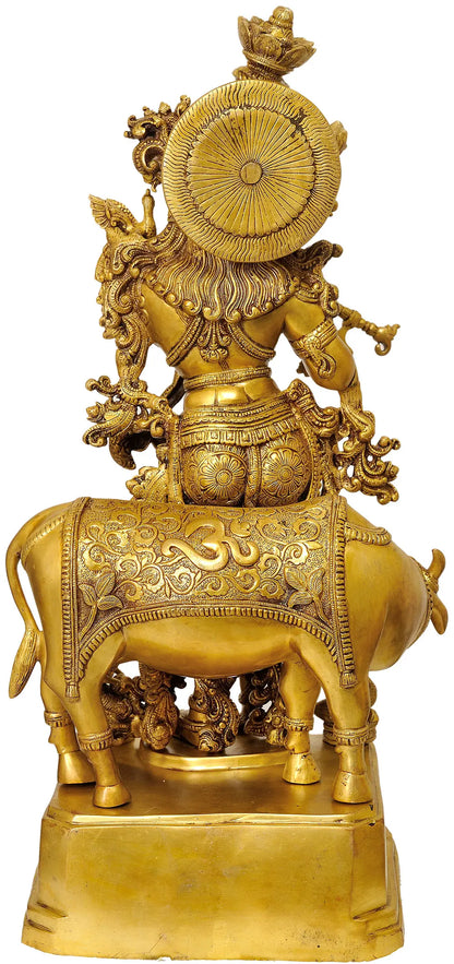 Brassaura® Brass Krishna with Nandi Statue | Height 27.95 Inches & Weight 34.40 kg