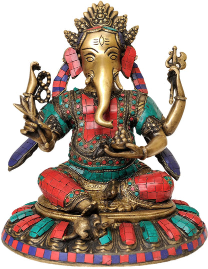 Brassaura™ Brass Ganesha Statue with Inlay Work | Height 11 Inches & Weight 6 kgs