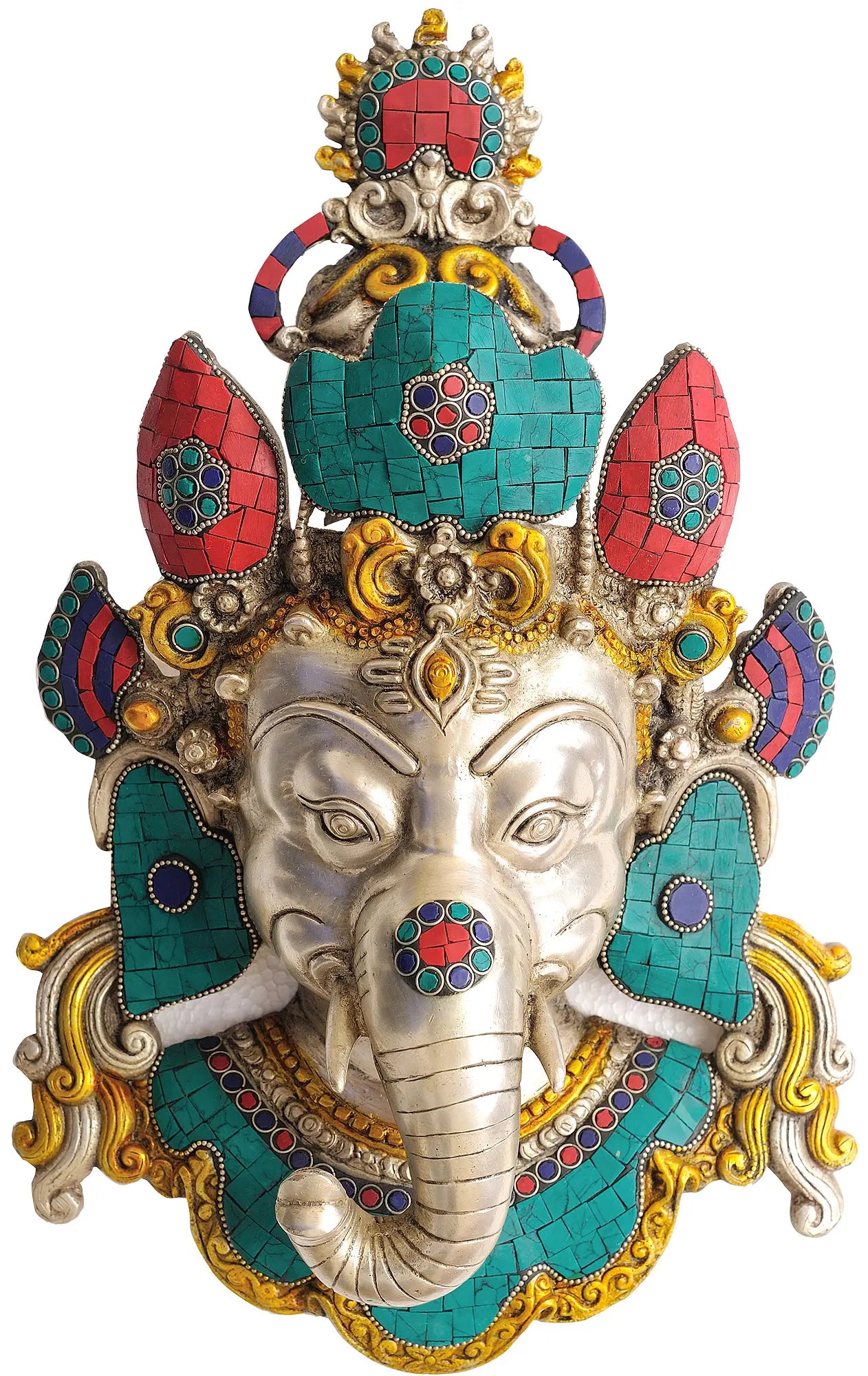 Brassaura™ Lord Ganesha Wall Mask with Stone Inlay Work | Height 15 Inches & Weight 4.60 kgs