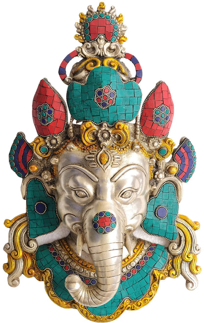 Brassaura™ Lord Ganesha Wall Mask with Stone Inlay Work | Height 15 Inches & Weight 4.60 kgs