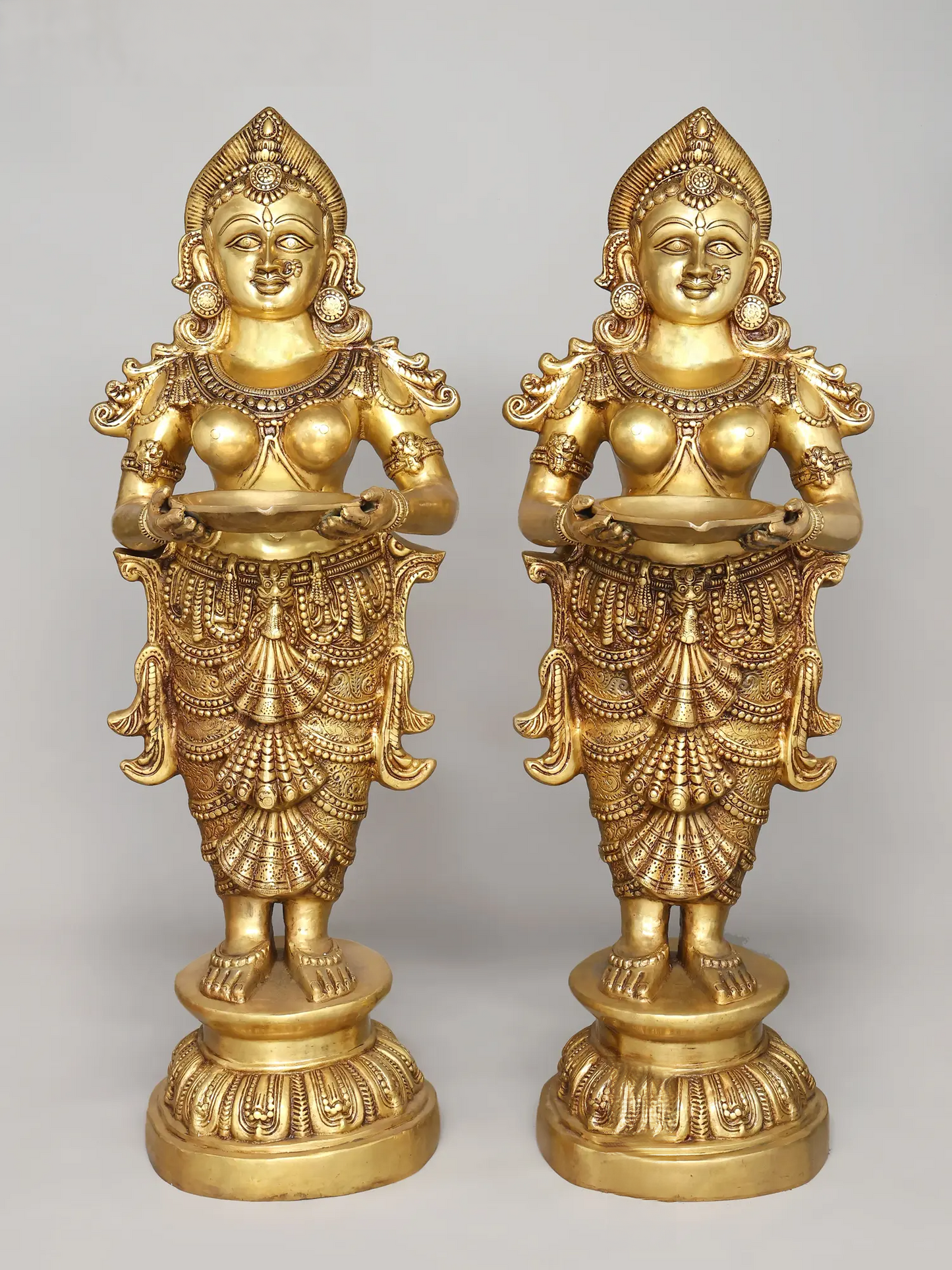Brassaura® Divine Welcome Deepa Lakshmi Pair | Grand Brass Standing Oil Lamp Holders | Height 51 Inches  Weight: 123.50 kgs