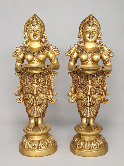 Brassaura® Divine Welcome Deepa Lakshmi Pair | Grand Brass Standing Oil Lamp Holders | Height 51 Inches  Weight: 123.50 kgs