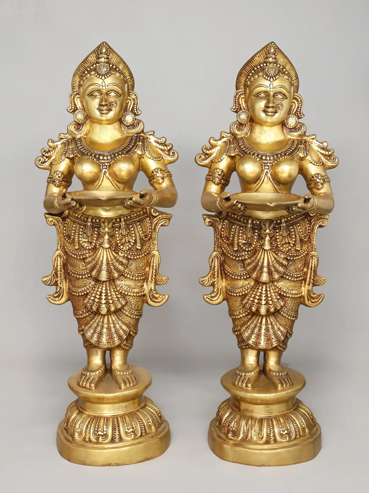 Brassaura® Divine Welcome Deepa Lakshmi Pair | Grand Brass Standing Oil Lamp Holders | Height 51 Inches  Weight: 123.50 kgs