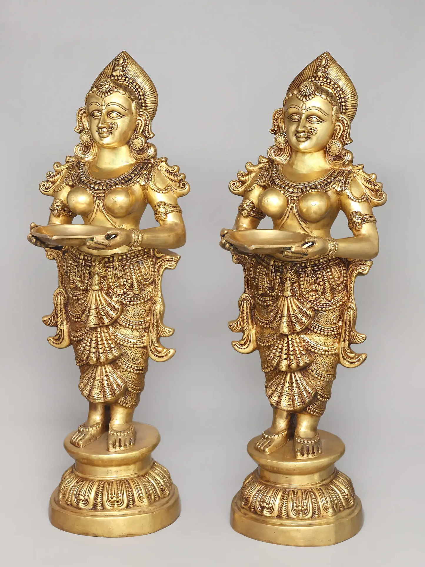 Brassaura® Divine Welcome Deepa Lakshmi Pair | Grand Brass Standing Oil Lamp Holders | Height 51 Inches  Weight: 123.50 kgs