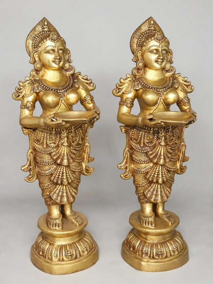 Brassaura® Divine Welcome Deepa Lakshmi Pair | Grand Brass Standing Oil Lamp Holders | Height 51 Inches  Weight: 123.50 kgs