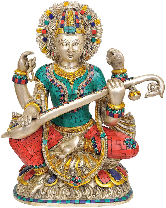 Brassaura® Goddess Saraswati Playing Veena | Brass Statue with Inlay Work | Height 16.5 Inches & Weight 11.90 kgs