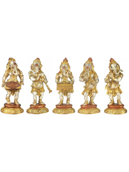 Brassaura® Set of 5 Musical Bal Ganesha Brass Statues | Height 8.07 Inches & Weight 8.10 kgs