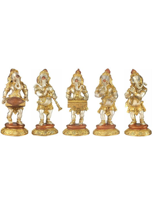 Brassaura® Set of 5 Musical Bal Ganesha Brass Statues | Height 8.07 Inches & Weight 8.10 kgs