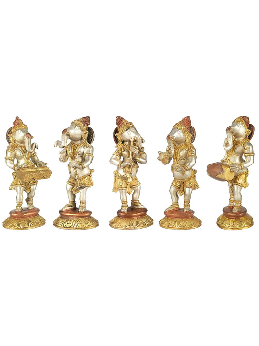 Brassaura® Set of 5 Musical Bal Ganesha Brass Statues | Height 8.07 Inches & Weight 8.10 kgs