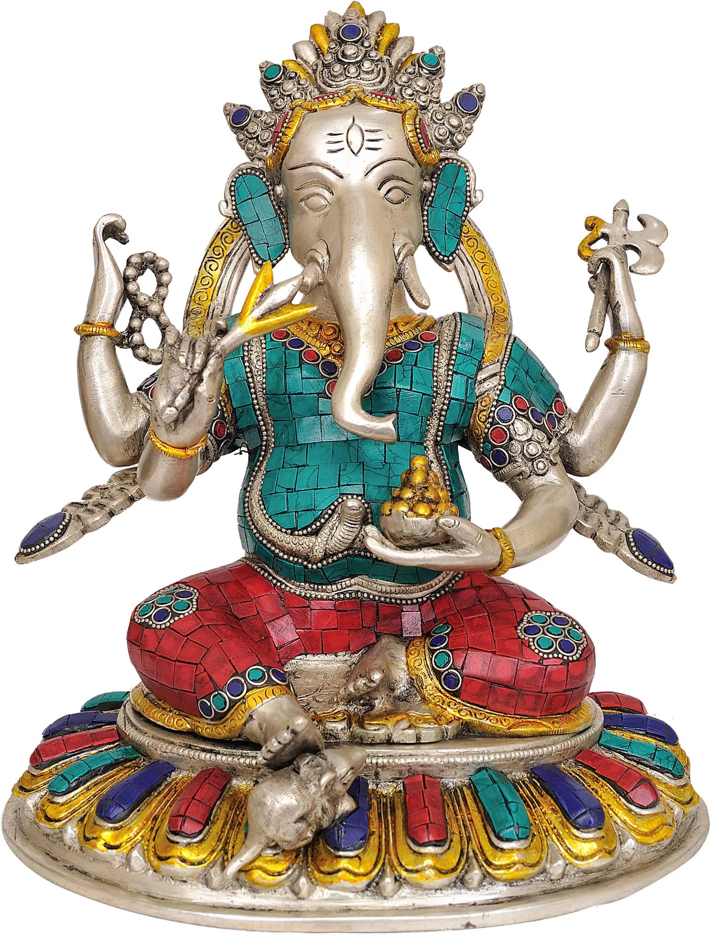 Brassaura™ Brass Ganesha Idol with Inlay Work for Pooja Room & Home Decor | 11 Inches | 6 kgs