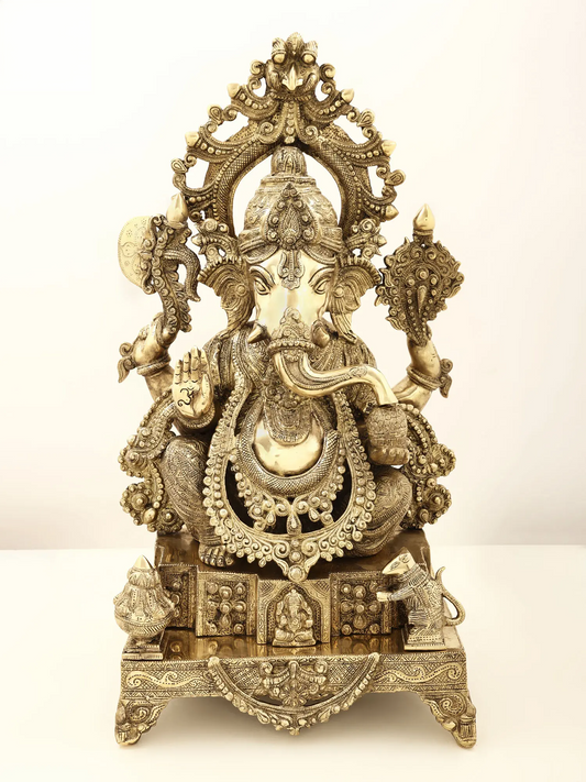 Brassaura™ Majestic Lord Ganesha on Ornate Throne | Height 27.95 Inches & Weight 29.70 kgs