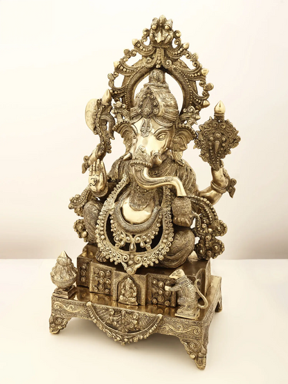 Brassaura™ Majestic Lord Ganesha on Ornate Throne | Height 27.95 Inches & Weight 29.70 kgs