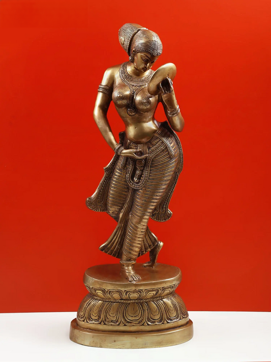 Brassaura® Graceful Lady with Mirror in Nritya Posture | Pure Brass | Height 36 Inches & Weight 23.44 kgs