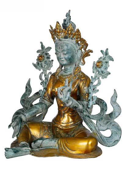 Brassaura® Brass Green Tara Statue | Antique Green Gold Finish | Height 19 Inches & Weight 12.30 kgs