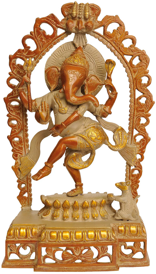 ब्रसॉरा® प्रभावाली के साथ नृत्य करते हुए भगवान गणेश | शुद्ध पीतल | ऊंचाई 16 इंच और वज़न 5.70 किलोग्राम