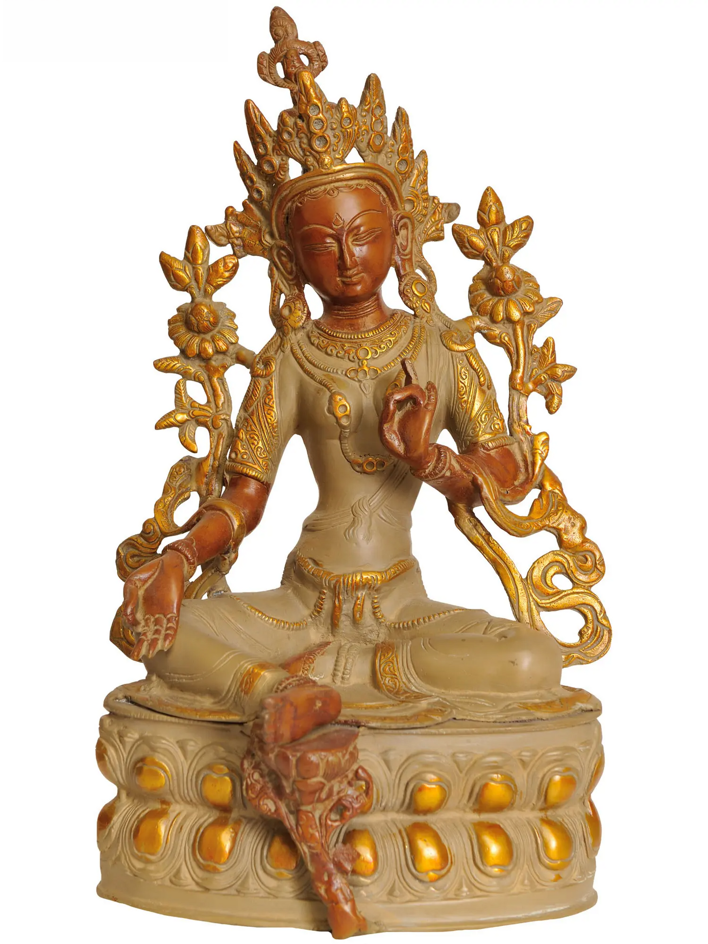 ब्रासुर्रा® व्हाइट तारा पीतल की मूर्ति एंटीक गोल्ड फिनिश के साथ | ऊंचाई 14 इंच और वजन 3.50 किलोग्राम