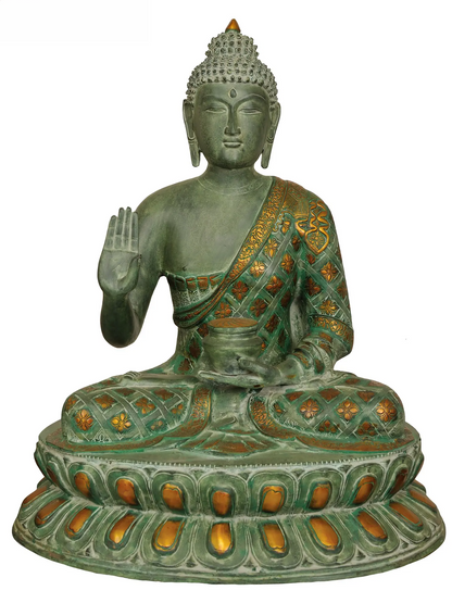 ब्रासौर® एंटीक ग्रीन ब्लेसिंग बुद्धा स्टैच्यू | पारंपरिक फिनिश के साथ ब्रास | ऊंचाई 28 इंच और वज़न 32.33 किलोग्राम