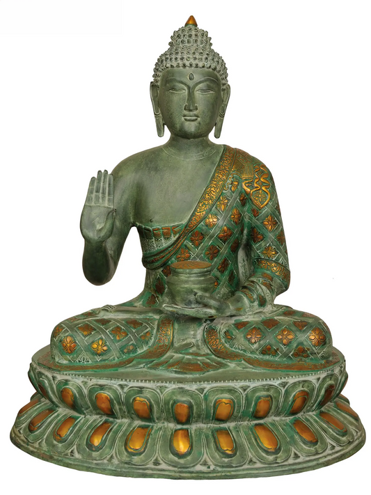ब्रासौर® एंटीक ग्रीन ब्लेसिंग बुद्धा स्टैच्यू | पारंपरिक फिनिश के साथ ब्रास | ऊंचाई 28 इंच और वज़न 32.33 किलोग्राम