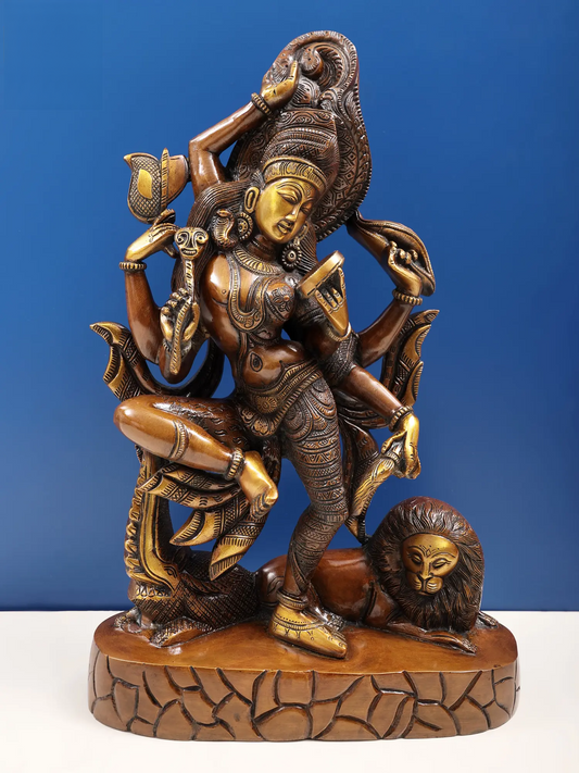 Brassaura® Dancing Goddess Durga on Lion | Brass Statue | Height 42.5 Inches & Weight 9 kgs