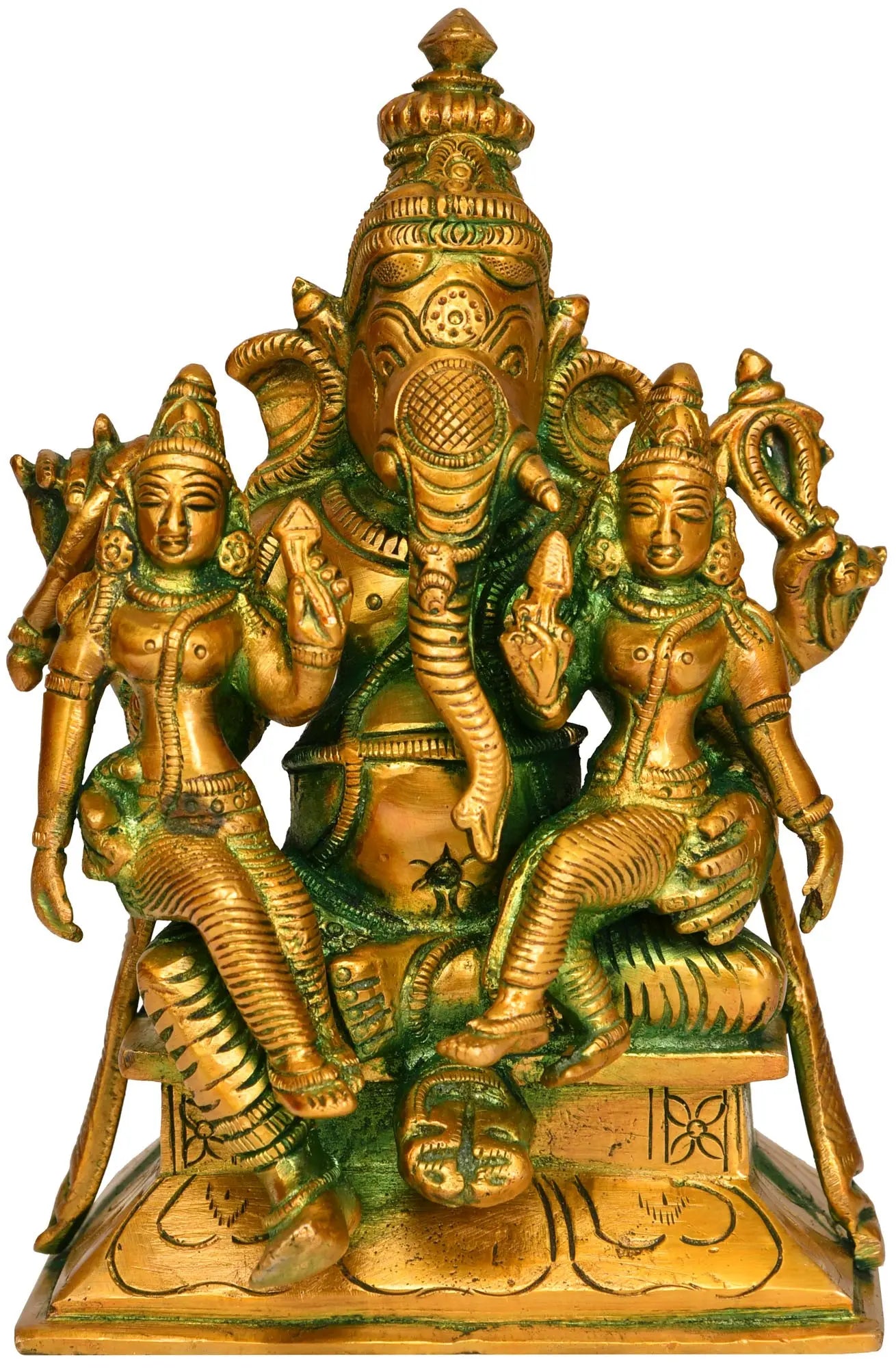 Brassaura® Ganesha with Riddhi & Siddhi Brass Idol | Height 7.09 Inches & Weight 2.70 kgs
