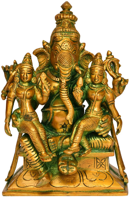 Brassaura® Ganesha with Riddhi & Siddhi Brass Idol | Height 7.09 Inches & Weight 2.70 kgs