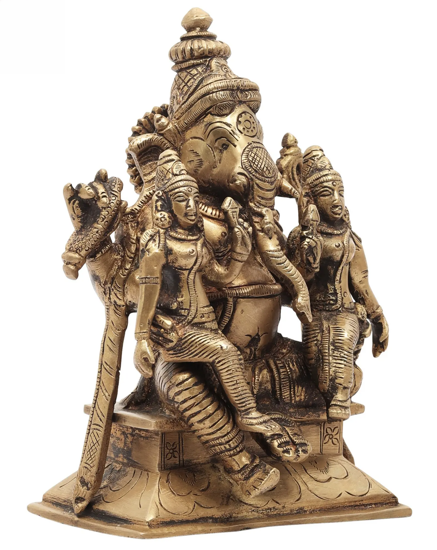 Brassaura® Ganesha with Riddhi & Siddhi Brass Idol | Height 7.09 Inches & Weight 2.70 kgs