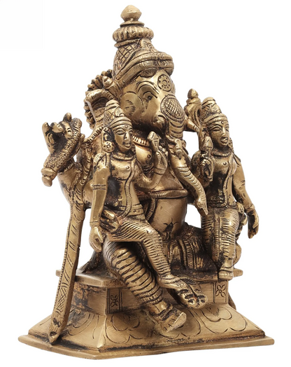 Brassaura® Ganesha with Riddhi & Siddhi Brass Idol | Height 7.09 Inches & Weight 2.70 kgs