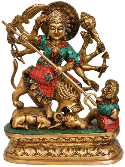 Brassaura® Maa Durga Slaying Mahishasura | Brass with Inlay Work | Height 13.5 Inches & Weight 8.70 kgs