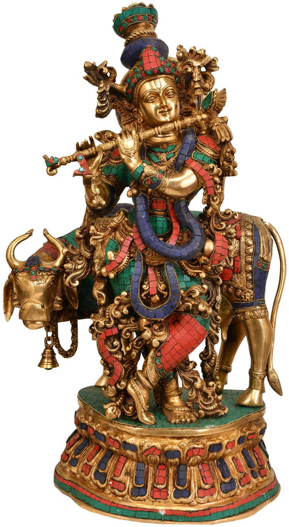 Brassaura® Brass Krishna with Nandi Statue | Height 27.95 Inches & Weight 34.80 kg