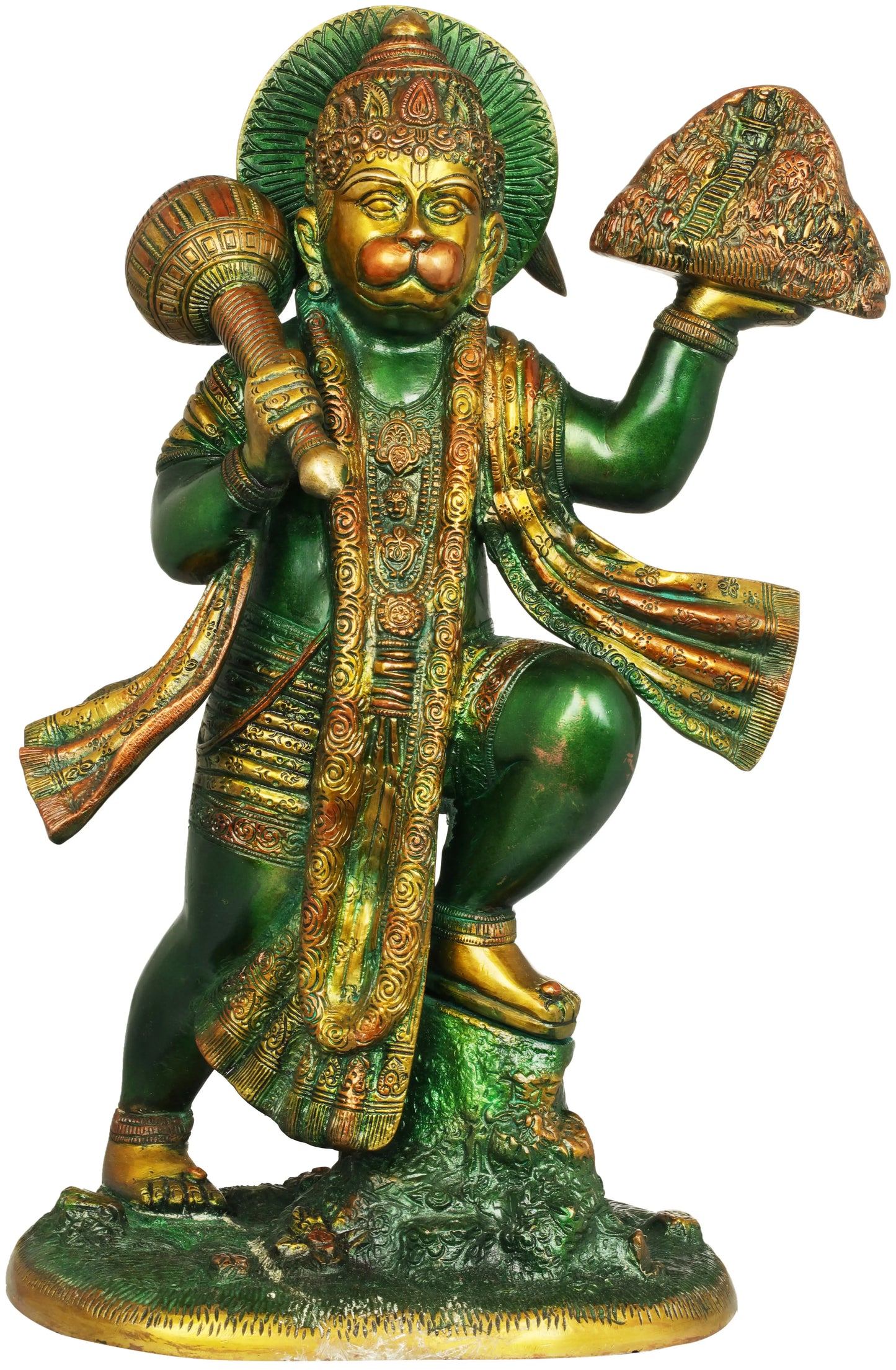 Brassaura® Sindoori Hanuman Carrying Sanjeevani Parvat | Brass Statue | Height 15.35 Inches & Weight 8.90 kgs