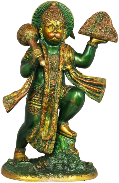 Brassaura® Sindoori Hanuman Carrying Sanjeevani Parvat | Brass Statue | Height 15.35 Inches & Weight 8.90 kgs