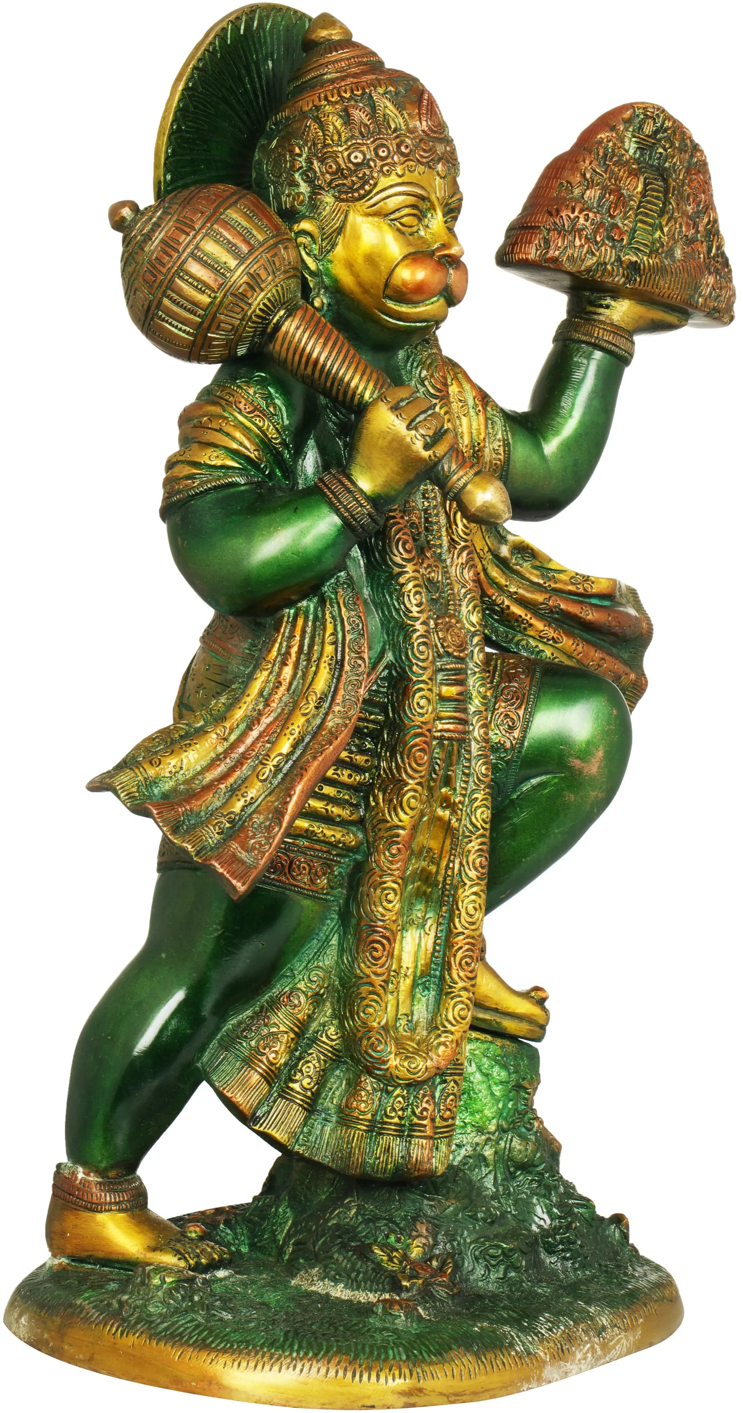 Brassaura® Sindoori Hanuman Carrying Sanjeevani Parvat | Brass Statue | Height 15.35 Inches & Weight 8.90 kgs