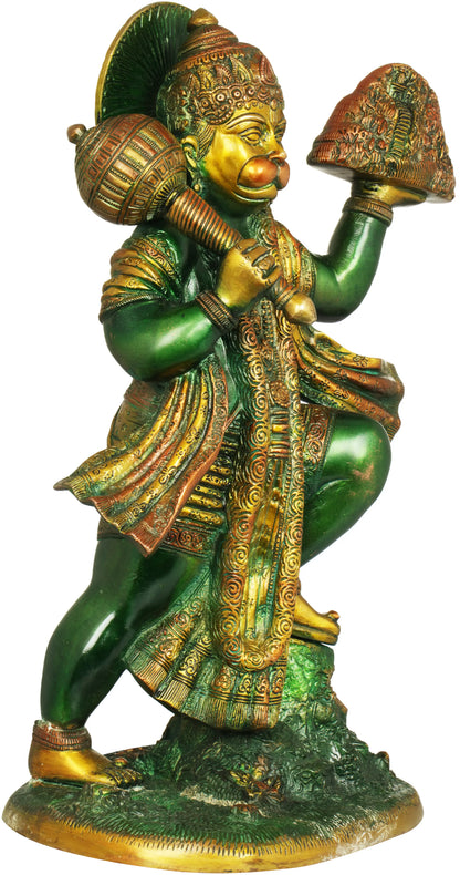 Brassaura® Sindoori Hanuman Carrying Sanjeevani Parvat | Brass Statue | Height 15.35 Inches & Weight 8.90 kgs
