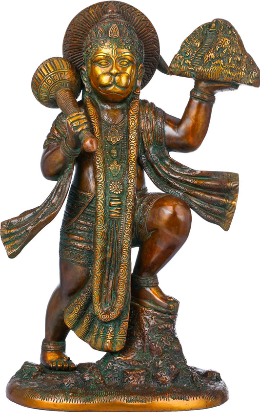 ब्रॉसरा® सिंदूरी हनुमान संजीवनी पर्वत ले जाते हुए | पीतल की मूर्ति | ऊंचाई 15.35 इंच और वज़न 8.90 किलोग्राम