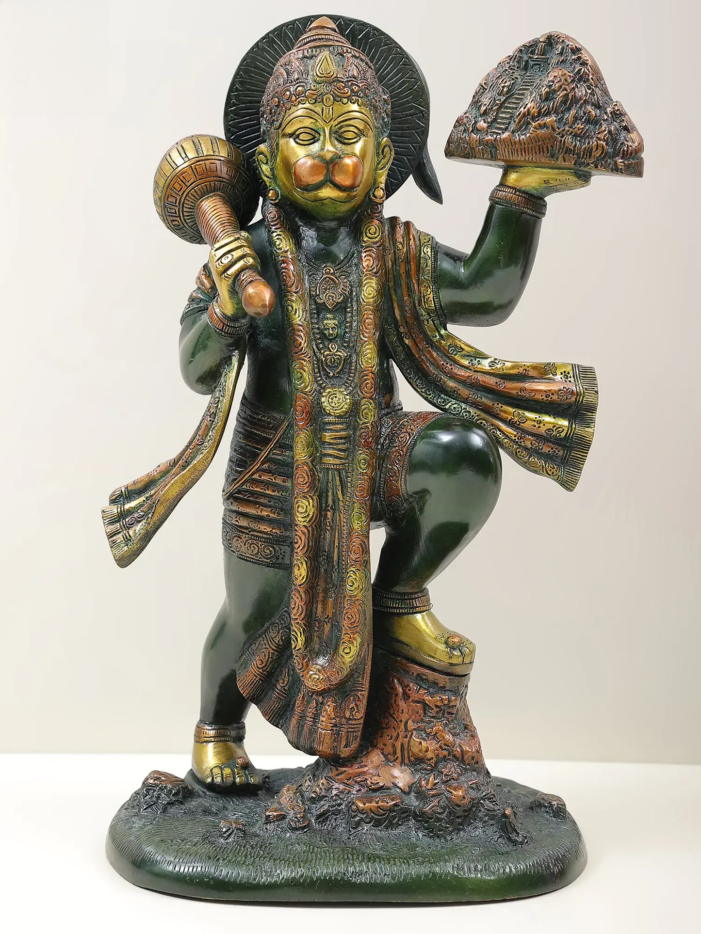 Brassaura® Sindoori Hanuman Carrying Sanjeevani Parvat | Brass Statue | Height 15.35 Inches & Weight 8.90 kgs