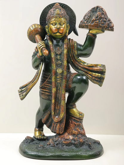 Brassaura® Sindoori Hanuman Carrying Sanjeevani Parvat | Brass Statue | Height 15.35 Inches & Weight 8.90 kgs