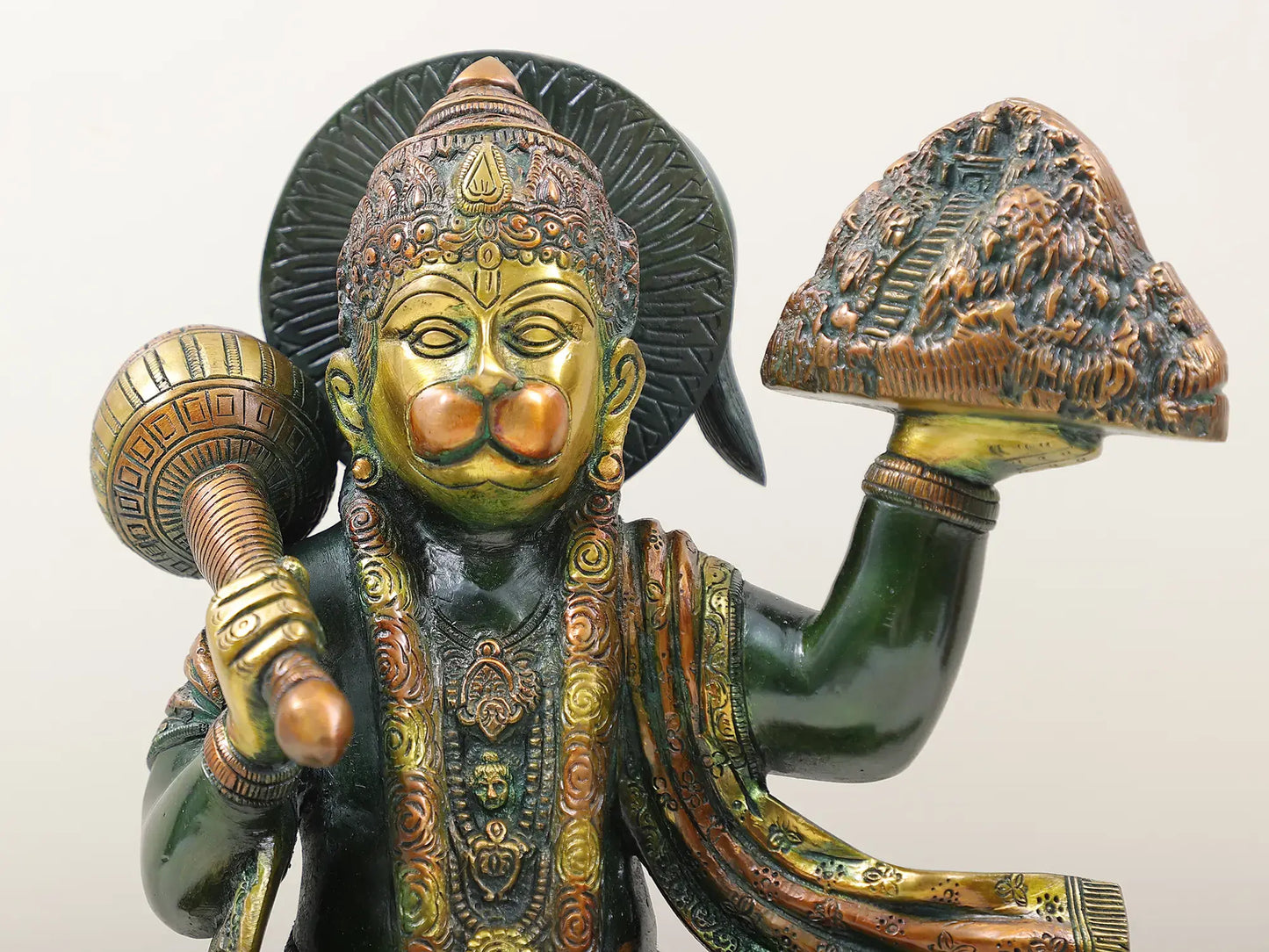 Brassaura® Sindoori Hanuman Carrying Sanjeevani Parvat | Brass Statue | Height 15.35 Inches & Weight 8.90 kgs