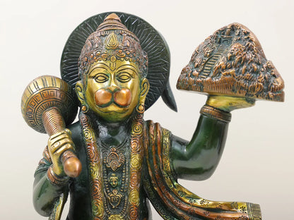 Brassaura® Sindoori Hanuman Carrying Sanjeevani Parvat | Brass Statue | Height 15.35 Inches & Weight 8.90 kgs