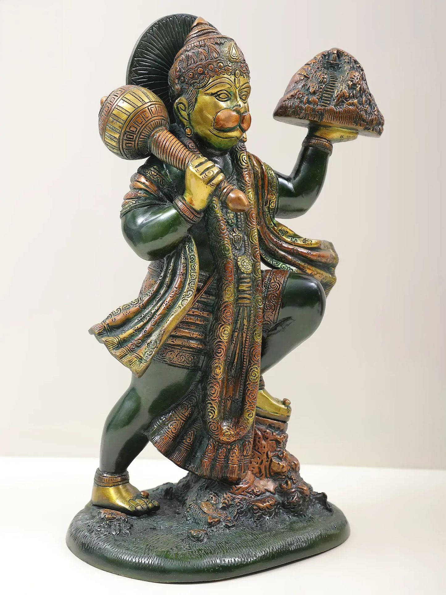 Brassaura® Sindoori Hanuman Carrying Sanjeevani Parvat | Brass Statue | Height 15.35 Inches & Weight 8.90 kgs